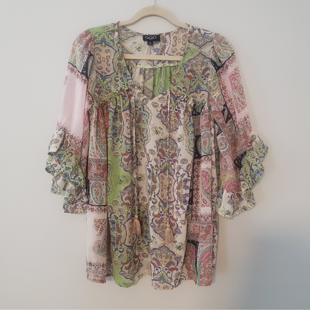 Gigio Flowy Sheer Boho Tunic Top SMALL Fairy Paisley Patchwork Oversized Women